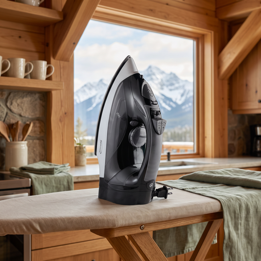 Brentwood 1200W steam iron with retractable cord in black, staged on an ironing board in a mountain cabin kitchen with a snow-capped mountain view