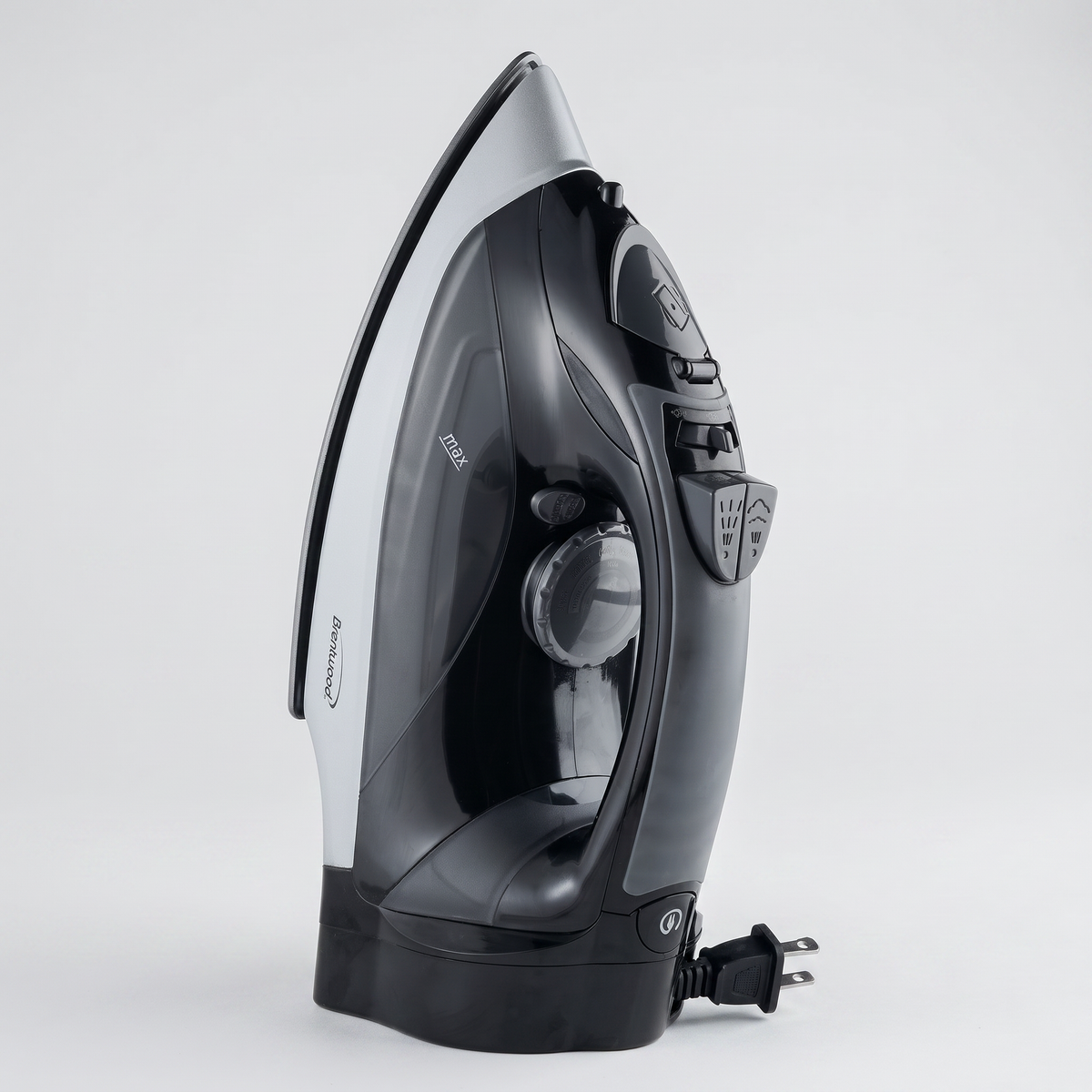 Brentwood 1200W steam iron with retractable cord in black, clean studio catalog product shot on neutral gray background
