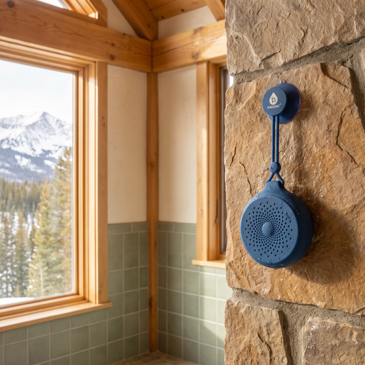 Waterproof bluetooth shower speaker in a bathroom shower corner