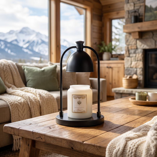 Black flameless candle warmer lamp with timer, glowing warmly on a wooden side table in a cozy mountain cabin living room with a snow-capped mountain view through the window