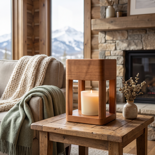 Wooden flame-free candle warmer lamp with timer, glowing warmly on a nightstand in a cozy mountain cabin bedroom with a snow-capped mountain view through the window