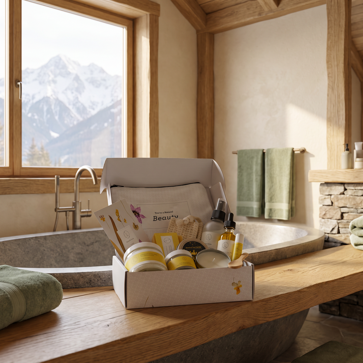 Natural citrus bath and body care package in a bathroom beside a soaking tub