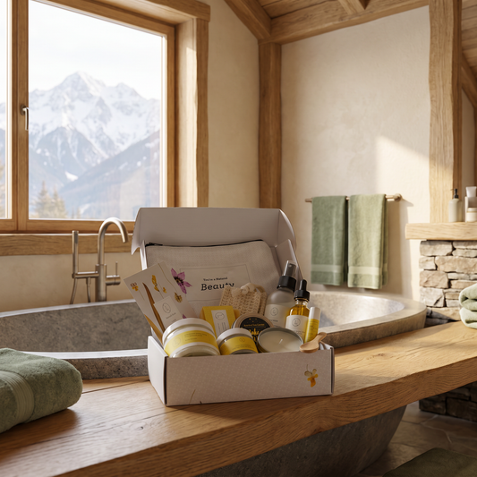 Natural citrus bath and body care package in a bathroom beside a soaking tub