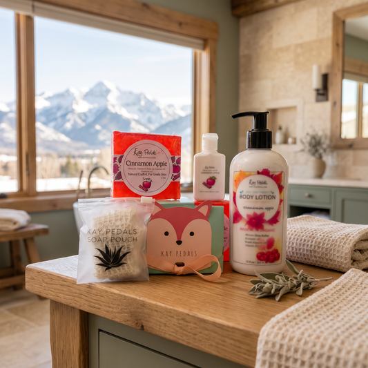 Cinnamon Apple Skincare Gift Bundle lifestyle photo in a mountain cabin bathroom
