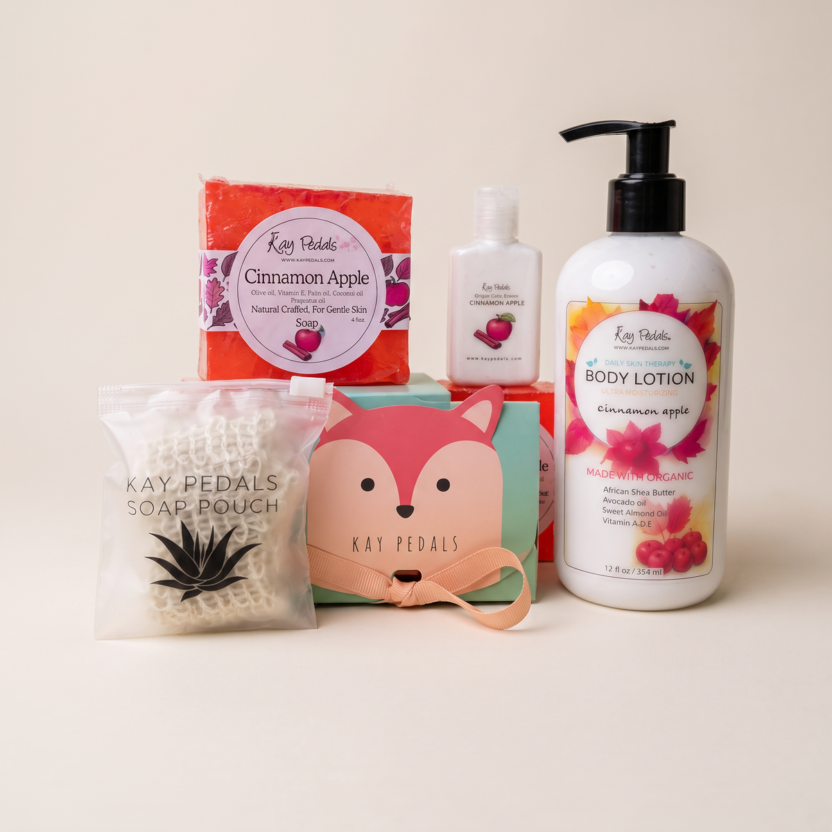 Cinnamon Apple Skincare Gift Bundle clean studio catalog photo