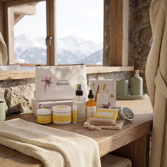 Citrus Bath and Body Full Gift Set lifestyle photo in a mountain cabin bathroom