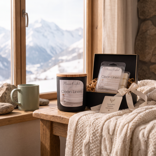 Clean Linen Candle & Wax Melt Gift Set lifestyle photo in a mountain cabin reading nook