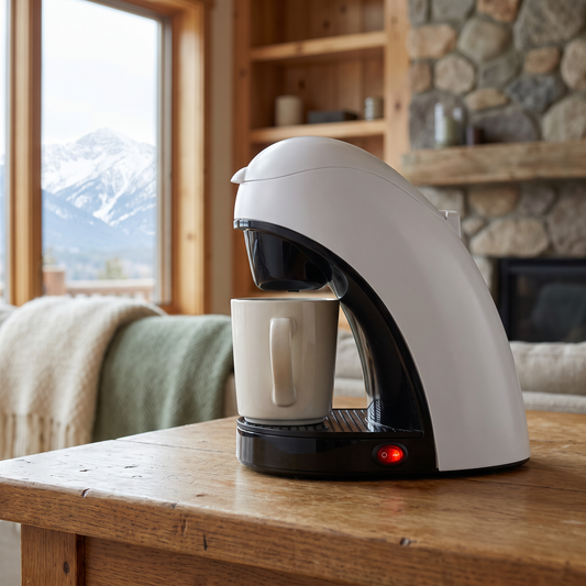 White single-serve coffee maker with mug staged in a cozy mountain cabin kitchen with snow-capped mountains visible through the window