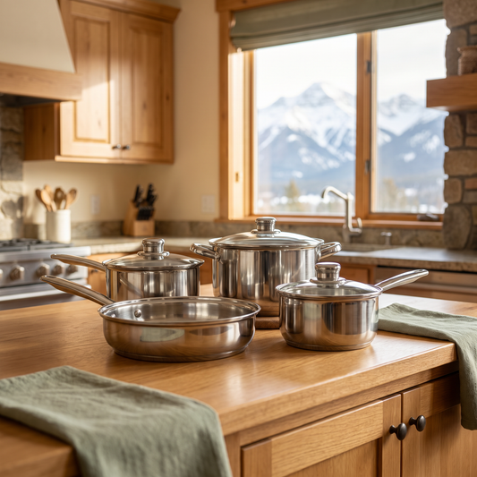 7-Piece Stainless Cookware Set staged in a mountain cabin kitchen with a mountain view
