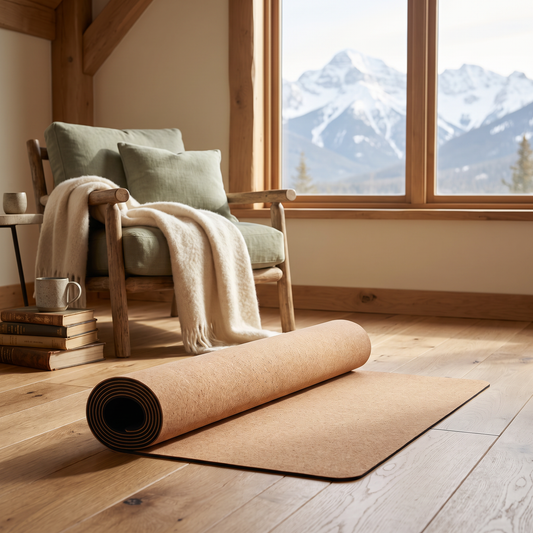 Non-slip cork yoga mat in a bedroom reading nook with wood floor