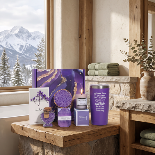 Crystal Lavender Bath Salt Gift Set staged in a cozy mountain cabin bathroom with snow-capped mountain view