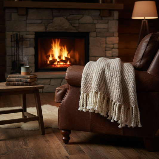 Chunky Alpaca Throw Blanket | Camel and White Stripe