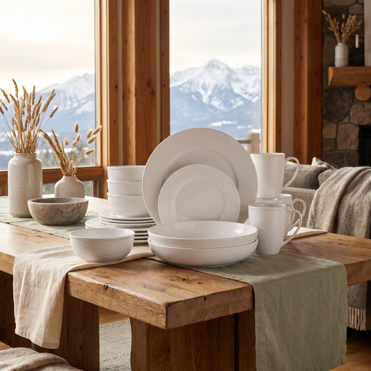 18-Piece Porcelain Dinnerware Set staged in a mountain cabin dining room with a mountain view