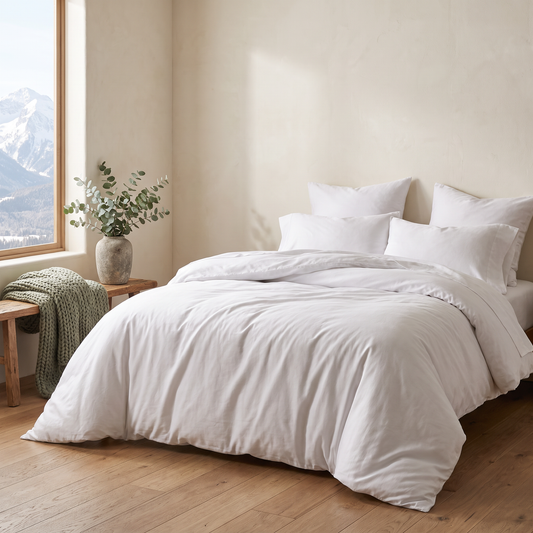 Duvet Cover Set staged in a cozy mountain cabin bedroom with snow-capped mountain view