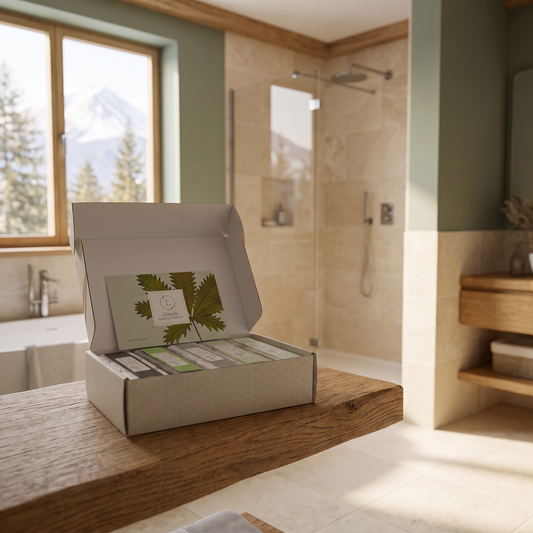 Earthy Shower Steamers Gift Box staged in a mountain cabin bathroom near the shower