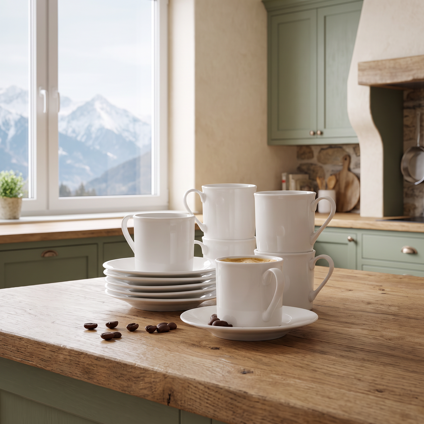 Elama Aspin 12-piece porcelain espresso cup and saucer set in white, staged in a mountain cabin kitchen with a snow-capped mountain view