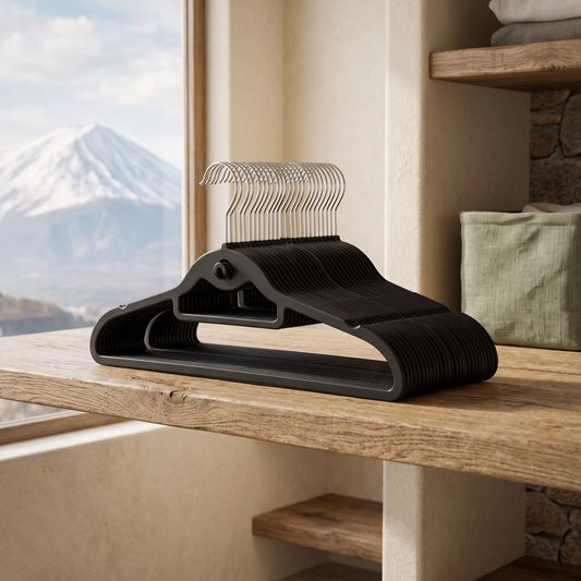 30-Piece Non-Slip Rubber Hangers in black staged in a warm mountain cabin closet with snow-capped mountain view