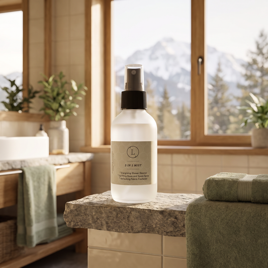 Eucalyptus Shower Mist bottle in a mountain cabin bathroom with mountain view