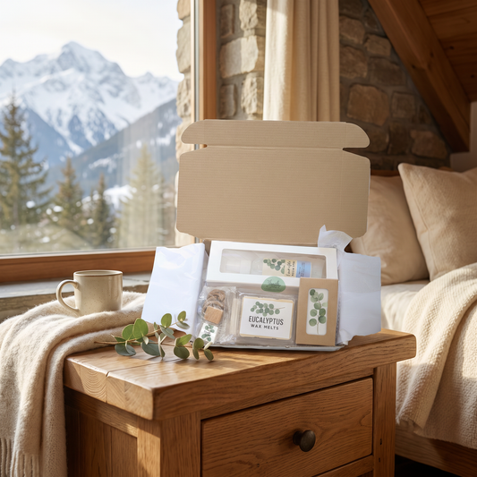 Eucalyptus Retreat Aromatherapy Gift Box staged on a bedroom nightstand with mountain view