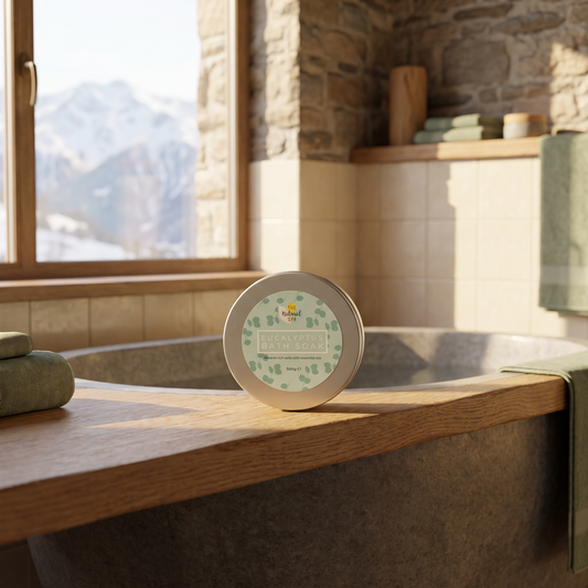 Eucalyptus mineral bath soak tin in a bathroom beside a soaking tub with mountain view