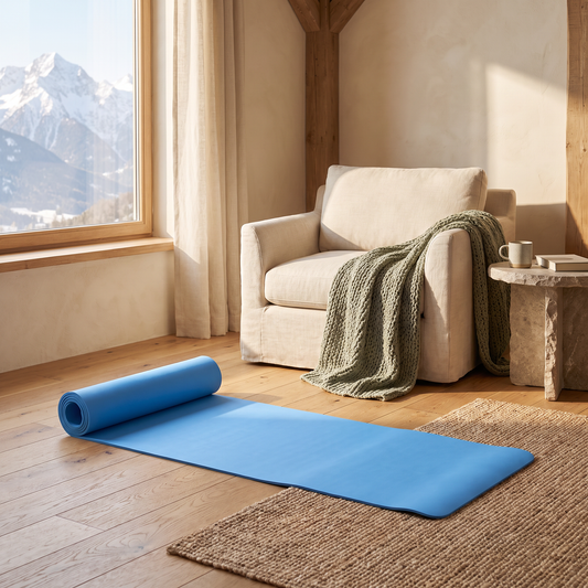 Anti-Skid EVA Yoga Mat staged in a mountain cabin living room reading nook with mountain view