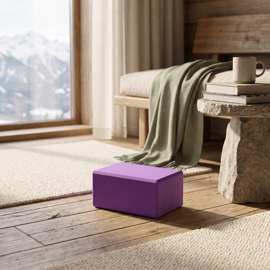 Pilates EVA yoga block in a bedroom reading nook with wood floor