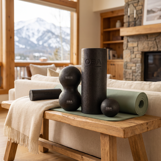 Foam Roller Recovery Kit staged in a cozy mountain cabin living room