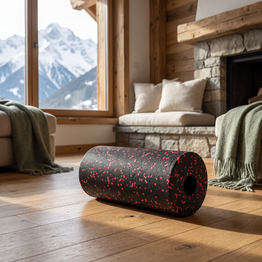 EPP Pilates Foam Roller staged in a cozy mountain cabin living room with snow-capped mountain view