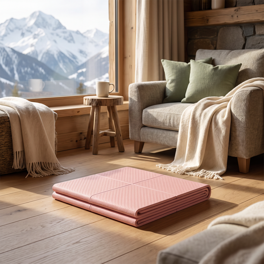Foldable TPE Yoga Mat staged in a mountain cabin living room with mountain view