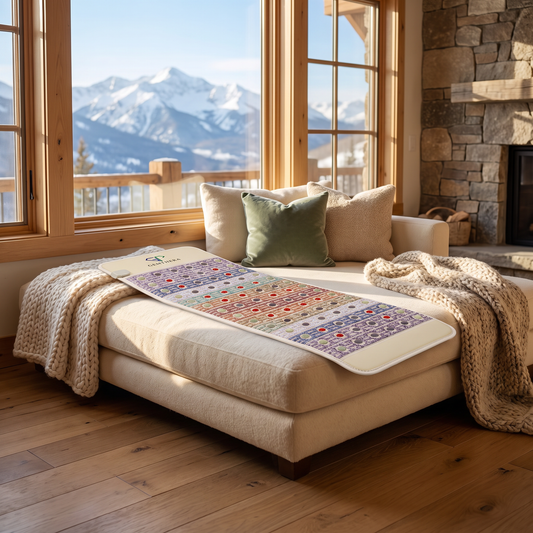 Gemstone Infrared Red Light Therapy Mat staged in a mountain cabin reading nook with mountain view