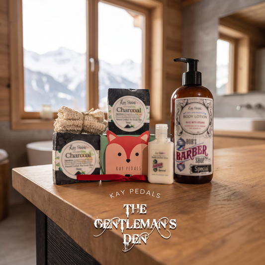 Gentleman's Den Grooming Gift Set lifestyle photo in a mountain cabin bathroom