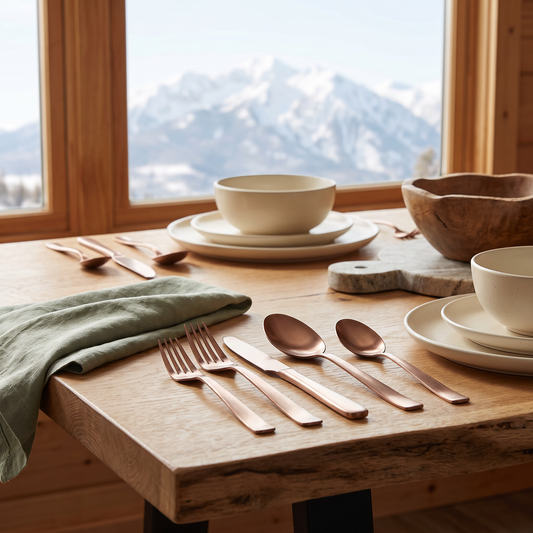 20-Piece Stainless Steel Flatware Set in Bronze, staged in a cozy mountain cabin dining room with a snow-capped mountain view