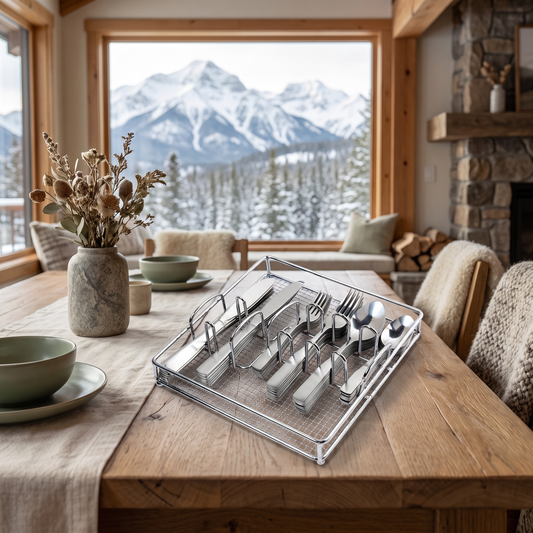 61-Piece Stainless Flatware Set with wire caddy staged in a mountain cabin dining setting