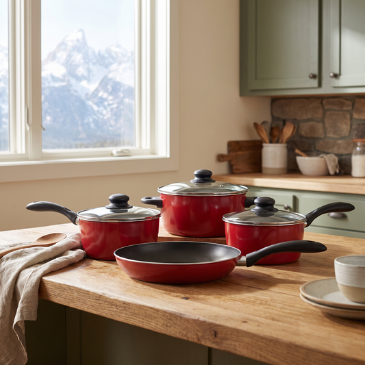 7-Piece Nonstick Carbon Steel Cookware Set in red staged in a mountain cabin kitchen setting