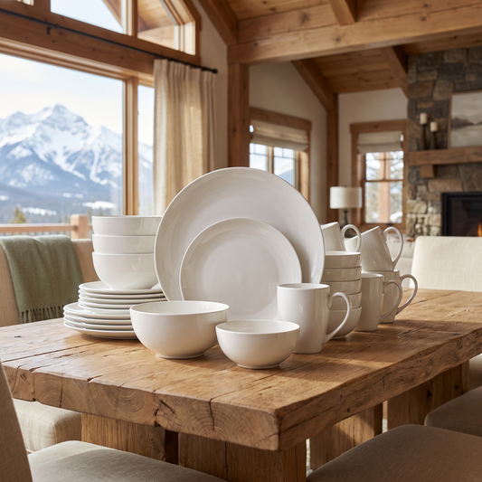 30-Piece Porcelain Dinnerware Set in white staged in a warm mountain cabin dining room with snow-capped mountain view