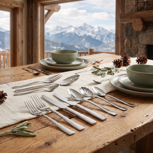 45-Piece Hammered Flatware Set, Service for 8 staged in a warm mountain cabin dining room with snow-capped mountain view