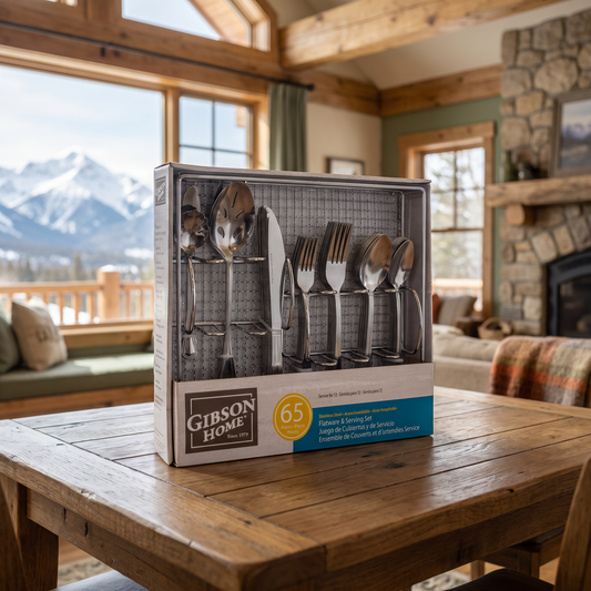 65-Piece Stainless Flatware Set service for 12, staged in a mountain cabin dining setting