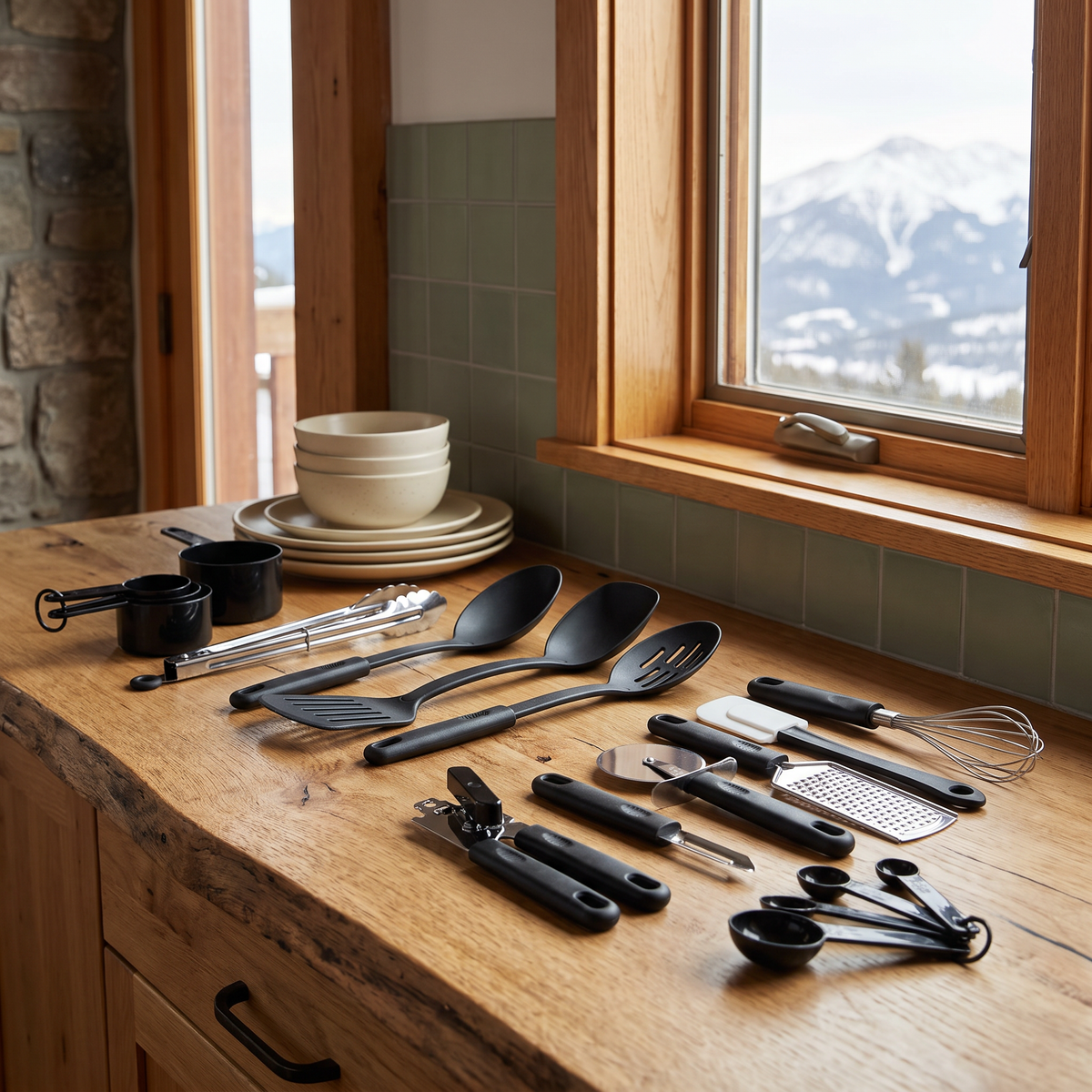 20-Piece Kitchen Tool and Gadget Combo Set, staged in a cozy mountain cabin kitchen with a snow-capped mountain view