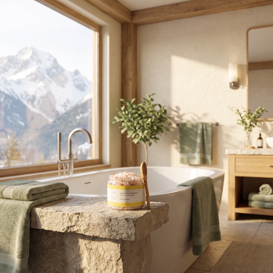 Grapefruit Bath Salts staged in a cozy mountain cabin bathroom