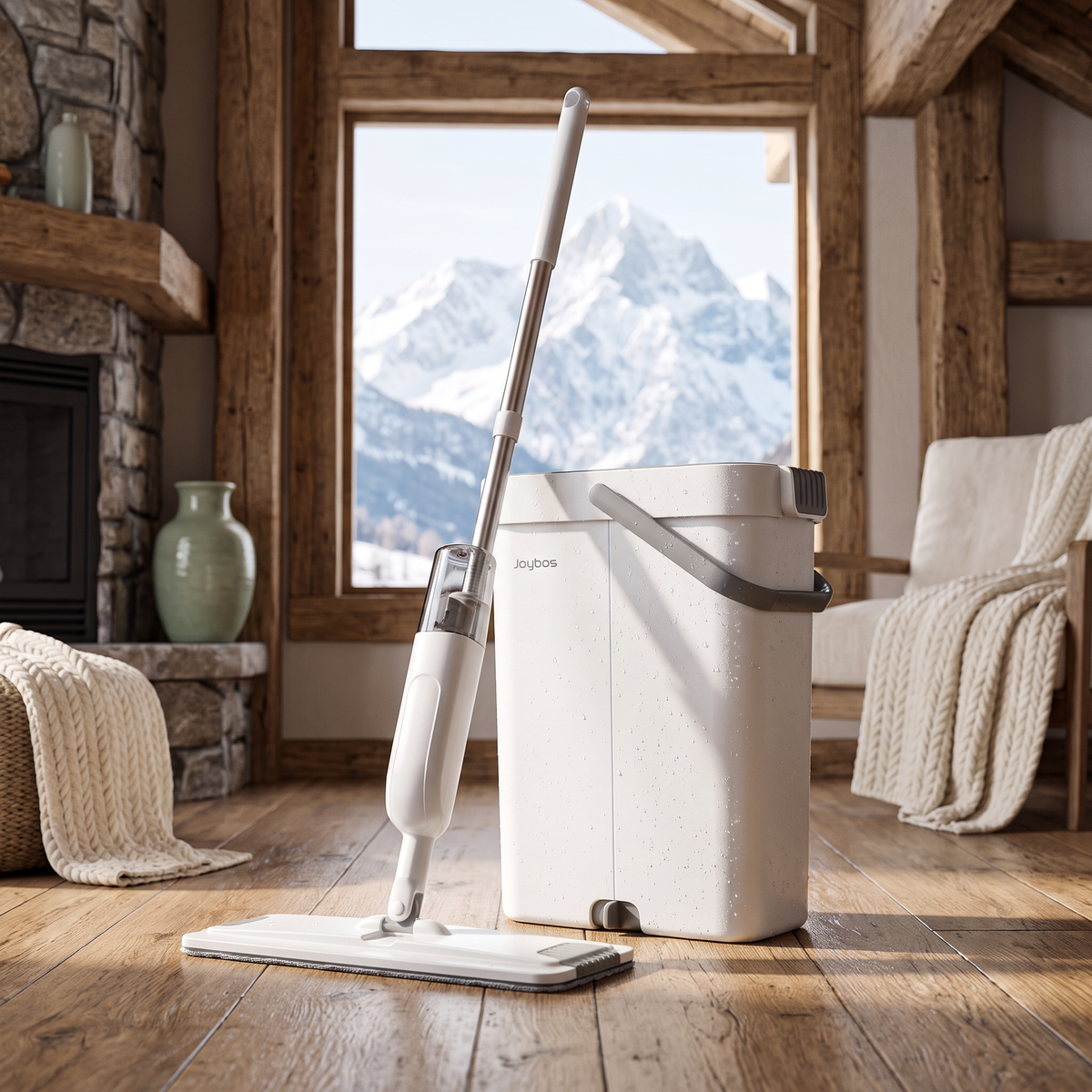Hands-free flat mop and bucket set staged in a cozy mountain cabin living room with snow-capped mountains visible through the window