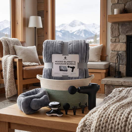 Heated Blanket and Massager Bundle lifestyle photo in a mountain cabin living room