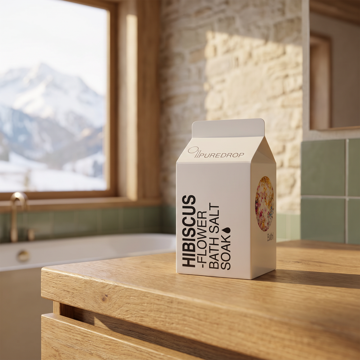 Hibiscus Flower Bath Salt - lifestyle photo in mountain cabin setting