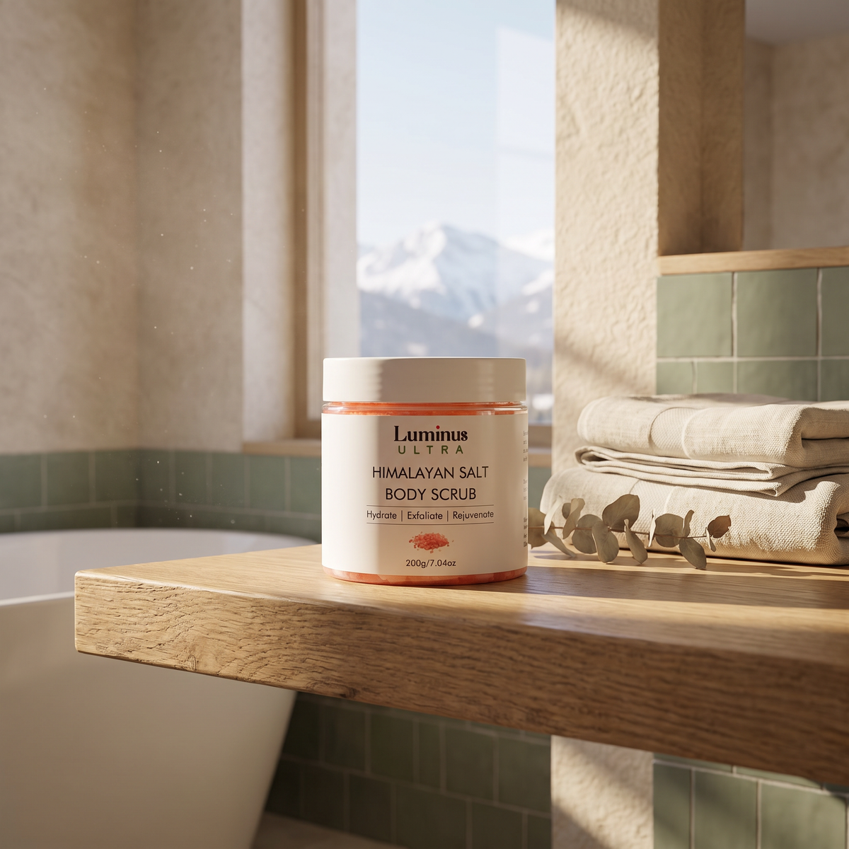 Himalayan Salt Body Scrub - lifestyle photo in mountain cabin setting