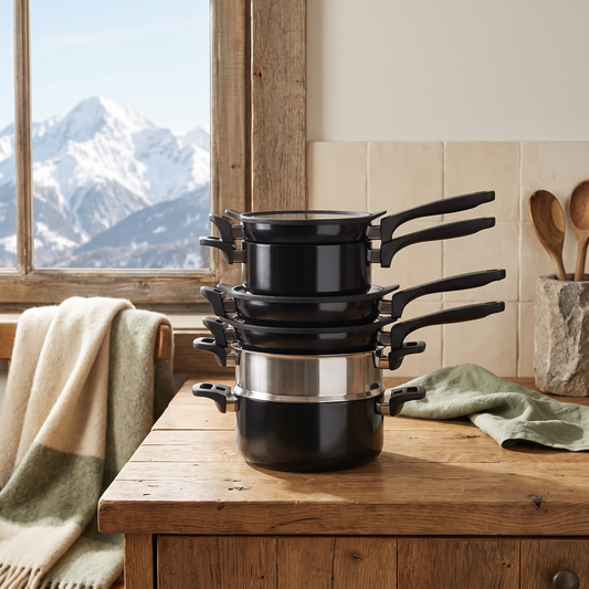 Kenmore Elite Grayson 9-piece nonstick aluminum stackable cookware set in black, staged on a wooden counter in a cozy mountain cabin kitchen with a snow-capped mountain view through the window