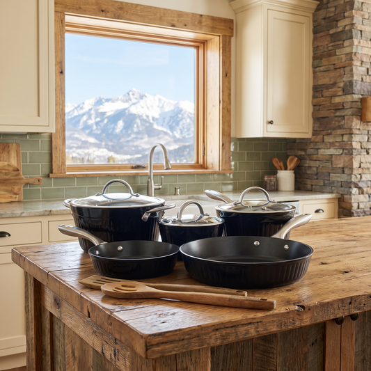 Kenmore Logan 10-piece aluminum nonstick cookware set in black with wood utensils, staged in a mountain cabin kitchen with a snow-capped mountain view