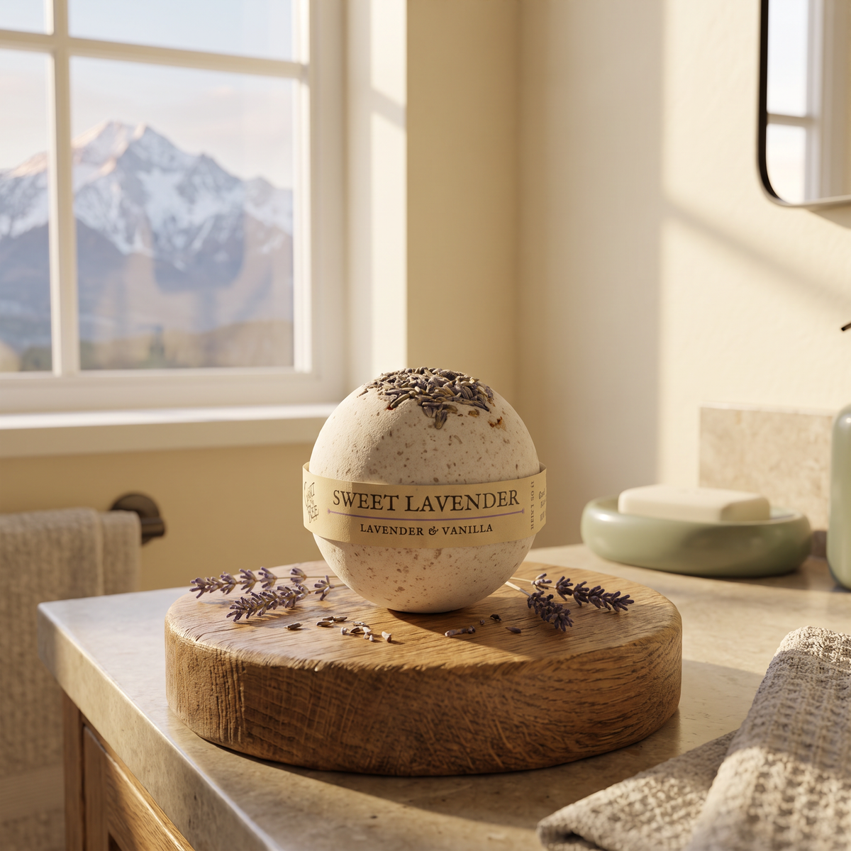 Sweet Lavender Bath Bomb - lifestyle photo in mountain cabin setting