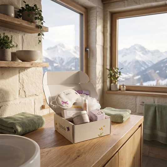Lavender Bath Gift Box lifestyle photo in a mountain cabin bathroom