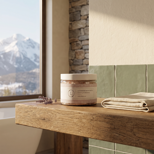 Lavender Natural Bath Salt Soak - lifestyle photo in mountain cabin setting