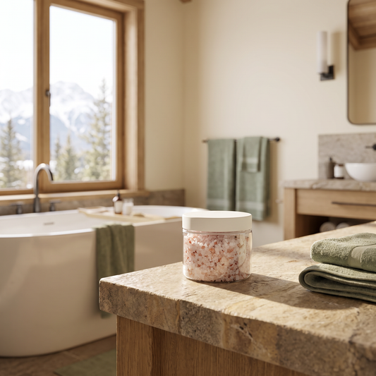 Lavender Bath Salts jar in a mountain cabin bathroom with tub and mountain view
