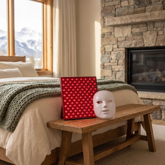 7-in-1 LED Face Mask & Therapy Panel - lifestyle photo in mountain cabin setting